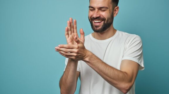 Mężczyzna z zadbanymi dłońmi i profesjonalnym manicure